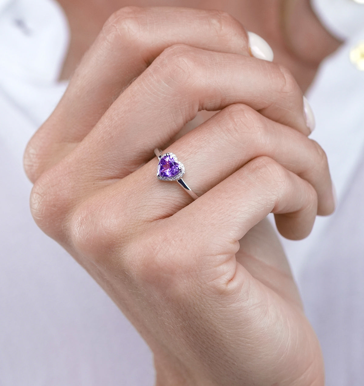 Halo Amethyst and Diamond Stellato Heart Ring in 9K White Gold